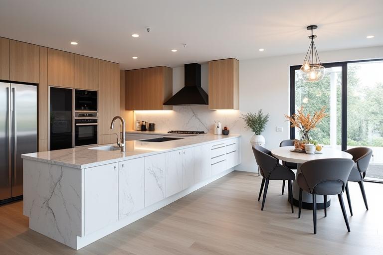 A spacious and modern kitchen remodel in Chatswood with marble countertops.