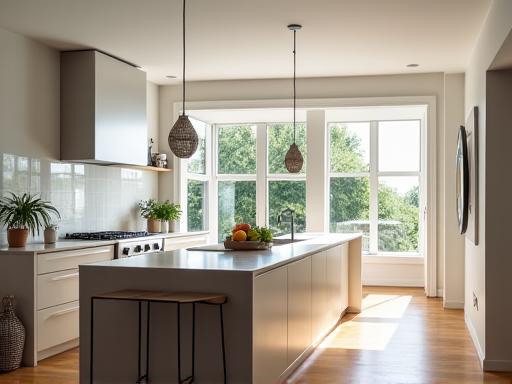 A modern, sunlit residential kitchen with an island bench.
